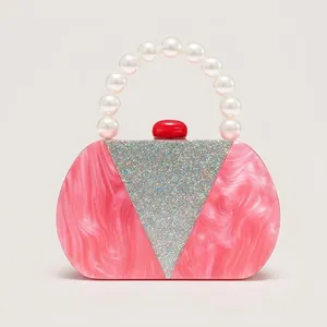 Pink Marmor Textur Acryl Abendtasche Mit Kunstperlen Griff Silber Glitzer Patchwork Für Hochzeitsfeier Frauen