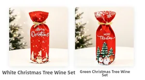 Detailed view of Christmas wine bottle covers with Santa motifs and gold ribbons