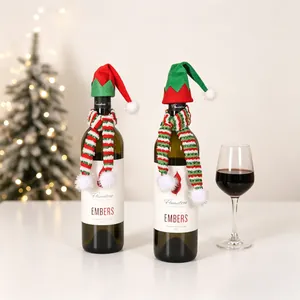 Christmas mini wine bottle hats and scarves set with Nordic knit pattern for table decor