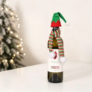 Miniature Christmas wine bottle decor set with knitted elf hat and striped scarf detail