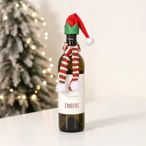 Mini Christmas wine bottle decor set with knit elf hat and striped scarf detail