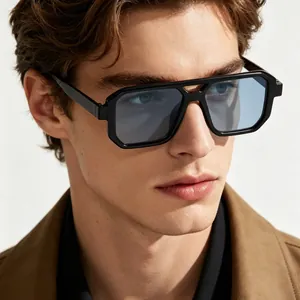 Fashionable square double bridge sunglasses for men with black frames and blue lenses