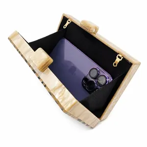 Interior view of marble acrylic clutch bag showing black lining and gold metal clasp