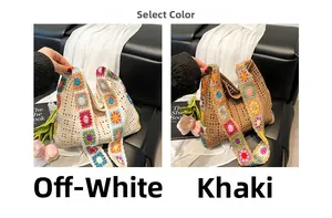 Detail showing off-white and khaki crochet granny square bags with sunflower patterns