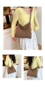 Detail of bohemian hollow knit shoulder bag with colorful floral crochet strap
