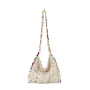 Chic hollow crochet knit shoulder bag with colorful bohemian floral patterns