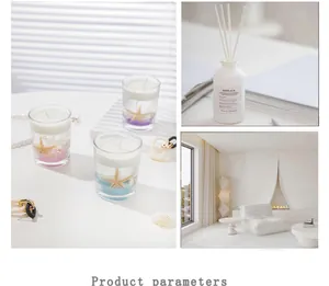 Detail of ocean jelly candle with natural starfish, seashells and colorful sand in glass