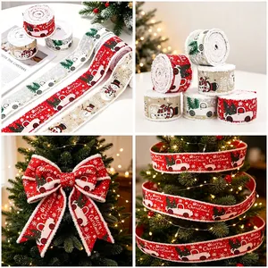 Christmas Decorative Ribbon Faux Linen Burlap Fabric Tape Frayed Edge Printed Truck Snowman For Holiday Gift Wrapping