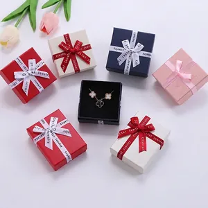 Jewelry Gift Box Square Ribbon Bowknot Paper Cardboard Packaging Necklace Earring Ring Bracelet Elegant Presentation