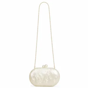 Oval white acrylic clutch bag with mother of pearl texture and pearl clasp closure