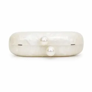 Elegant white pearlescent acrylic evening clutch bag with double pearl clasp and gold frame