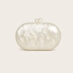 Acrylic Evening Clutch Bag Oval Hard Shell Marble Texture With Double Artificial Pearl Buckle And Metal Chain For Party