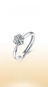 Macro detail of a 925 silver six-prong moissanite ring with adjustable open band