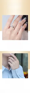 Detailed view of a six-prong 925 silver moissanite wedding ring worn on a finger