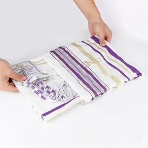 Detailed view of Messianic Jewish Tallit with purple stripes and Isaiah 53:5 embroidery