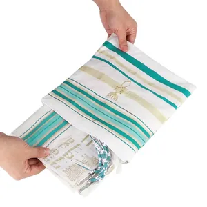 Polyester prayer tallit shawl with turquoise stripes and golden menorah embroidery