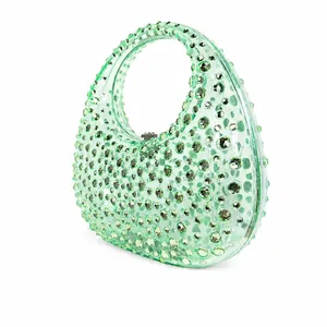 Sparkling green acrylic crescent moon handbag with rhinestones and elegant top handle