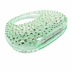Green transparent acrylic crescent evening bag with sparkling rhinestones and top handle