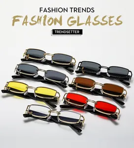 Selection of rectangular metal frame sunglasses in seven different lens color variations
