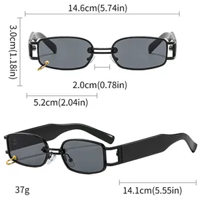 Detail view of narrow metal square sunglasses showing dimensions and golden ring ornament