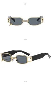 Front and 45-degree side views of gold metal rectangle sunglasses with black lenses