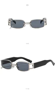 Detail view of rectangular metal sunglasses with hollow bridge and metal ring accent