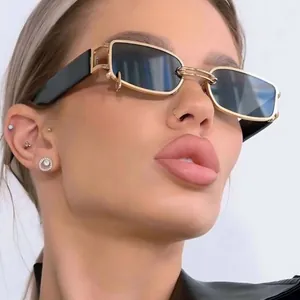 Fashionable small square metal sunglasses for women with a vintage gold frame design
