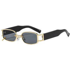 Classic gold frame rectangle sunglasses with black lenses and chain bridge detail