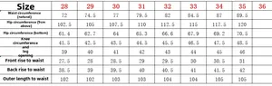 Detailed size chart for men's vintage punk ripped jeans with precise measurements