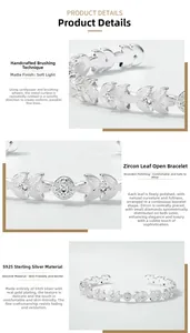 Detailed view of handmade brushed S925 sterling silver leaf bracelet with cubic zirconia