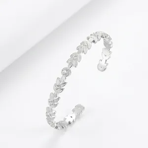 925 Sterling Silver Leaf Open Cuff Bracelet For Women Minimalist Zirconia Inlaid Adjustable Silver Gold Plated Jewelry