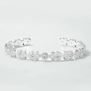 Leaf motif open cuff bracelet in S925 silver with sparkling zircon stones and matte finish