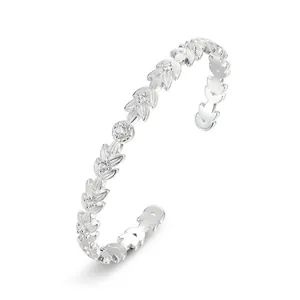 Laurel leaf open bangle in S925 silver with matte finish and shimmering zircon stones