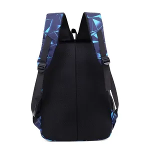 Dunkelblaues 3-teiliges Rucksack-Set mit blauen geometrischen Mustern und Netzrücken