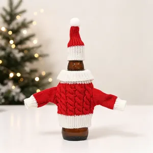 Christmas Wine Bottle Cover Mini Knitted Sweater And Hat Red White Cable Knit Holiday Dinner Party Table Decoration