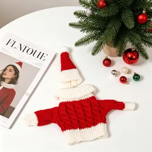 Nordic red knit Christmas sweater and hat set for wine bottles or holiday table decor