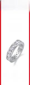 Macro view of S925 sterling silver eternity band with moissanite channel setting