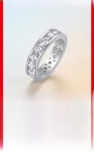 Macro detail of silver S925 moissanite eternity ring with side heart hollow design