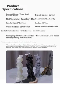Detailed size chart for black, white and grey skull scented soy wax candles decoration
