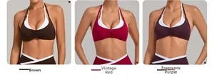 Detailvergleich von Halter-Sport-BHs in Braun, Retro-Rot und Parfüm-Lila Farben