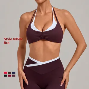 Damen Halterneck Fake Zweiteiler Sport BH Nylon Elastan Kontrastfarbe Gepolsterte Strappy Back Yoga Weste Top Für Fitness Fitnessstudio