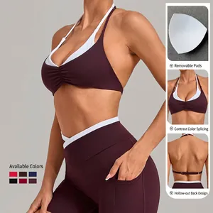 Damen Sport-BH mit Neckholder und High-Waist-Leggings Set in Weinrot mit Kontrastrand