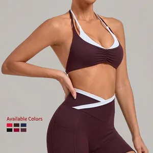 Damen Sport-Set mit Neckholder-Bra und High-Waist-Leggings in Pflaume und Weiß
