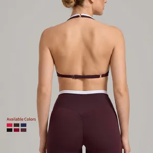 Dunkelrotes Neckholder-Sport-BH-Set mit hochtaillierten Leggings in sechs Farben
