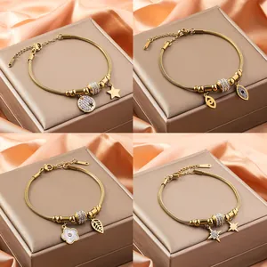 Fashion Stainless Steel Snake Chain Bracelet With Rhinestone Pendants Evil Eye Clover Heart Star Gold Bracelet For Women