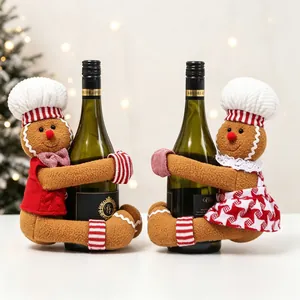 Christmas Gingerbread Man Wine Bottle Cover Plush Fabric Hugger Chef Style Festive Holiday Dining Table Decor Ornament