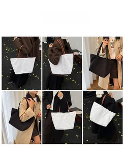 Detailed views of high-capacity canvas tote bag with leather straps on models