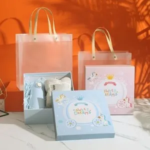 Detail of unicorn gift box set with matching frosted PVC bag and plush accessories
