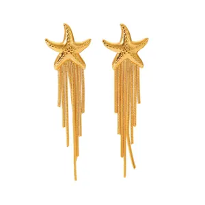Golden starfish tassel earrings made of stainless steel with long metal fringe