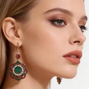 Vintage Sunflower Dangle Earrings With Alloy Rhinestone Resin Stone And Earring Post Bohemian Ethnic Style For Women Jewelry